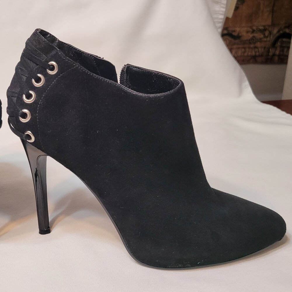 BCBGeneration Women Stiletto Bootie Black Suede Leather Siver Heels Sz 8B EU38